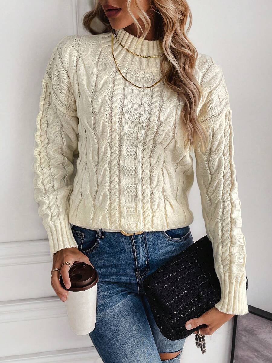 SHEIN Essnce 麻花編織小高領落肩袖套頭毛衣 - 杏色 - 查看 1