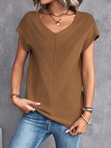 SHEIN LUNE Top de punto unicolor de manga murciélago - Caqui - Ver 6