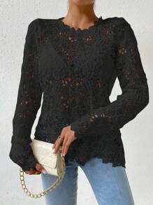 Chiquease 素色薄透提花蕾絲襯衫不附胸罩 - 黑色 - 查看 6