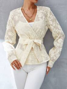 Aveloria Blusa floral jacquard con cinturón sin camisola