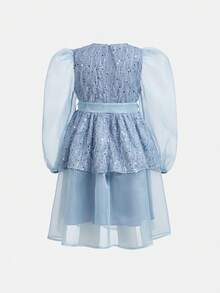 SHEIN 女大童網紗拼接泡泡袖繫腰帶洋裝 - 粉色 - 查看 3