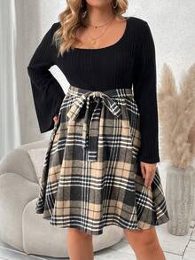 SHEIN Franclia 大碼格紋印花繫腰帶洋裝 - 卡其色 - 查看 7