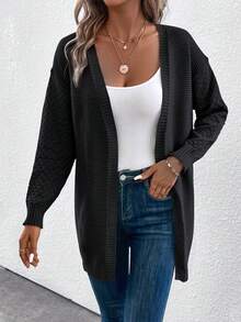 Solid Drop Shoulder Cardigan - Black - View 3