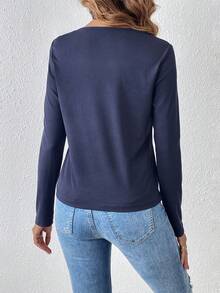 SHEIN LUNE Asymmetrical Collar Detail Ruched Button T-Shirt - Navy Blue - View 2