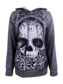 Gothic Halloween Pattern Skull Women's Long Sleeved Hooded Sweatshirt Pullover - Dark Grey - View 5