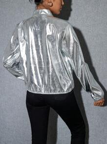 SHEIN Essnce Zip Up Metallic Bomber Jacket - Silver - View 2