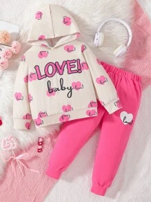 SHEIN 女小童字母和愛心圖案連帽衫和運動褲