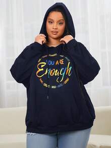 SHEIN CURVE+ 加大码字母图案袋鼠口袋落肩抽绳卫衣 - 藏蓝色 - 查看 3