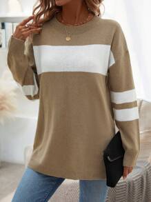 SHEIN LUNE Áo len chui đầu phối màu vai rớt, thích hợp cho mùa thu đông. - Màu Khaki - Xem 3