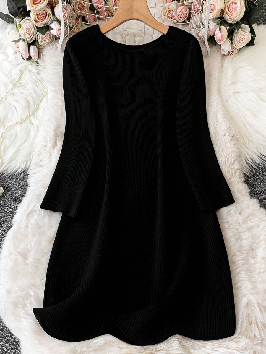 SHEIN Clasi Talla grande Vestido de punto unicolor tejido de canalé - Negro - Ver 1