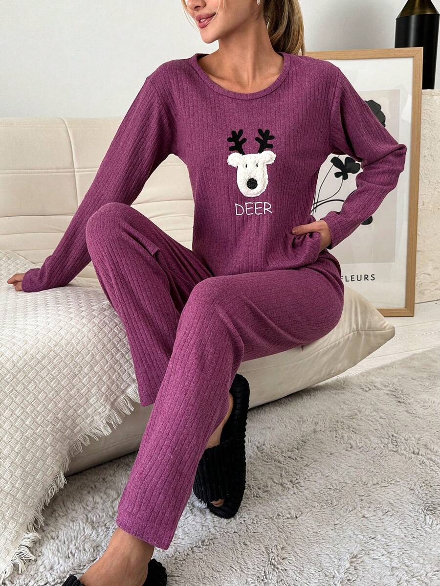 SHEIN Cottnline Embroidery Cartoon & Letter Pattern Lounge Set - Purple - View 1