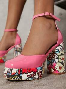 Closed Toe Ankle Strap Block Heel Pumps - Pink - View 6