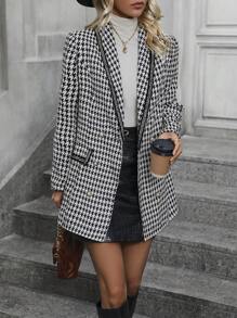 SHEIN LUNE Houndstooth Print Shawl Collar Contrast Binding Blazer - Black - View 1
