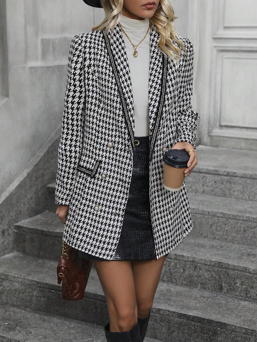 SHEIN LUNE Houndstooth Print Shawl Collar Contrast Binding Blazer - Black - View 1