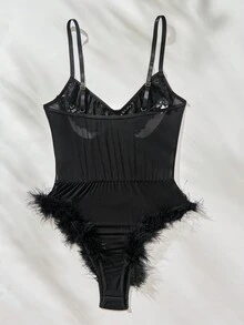 蕾絲拼接毛茸邊網紗鋼圈性感緊身連體衣 - 黑色 - 查看 2