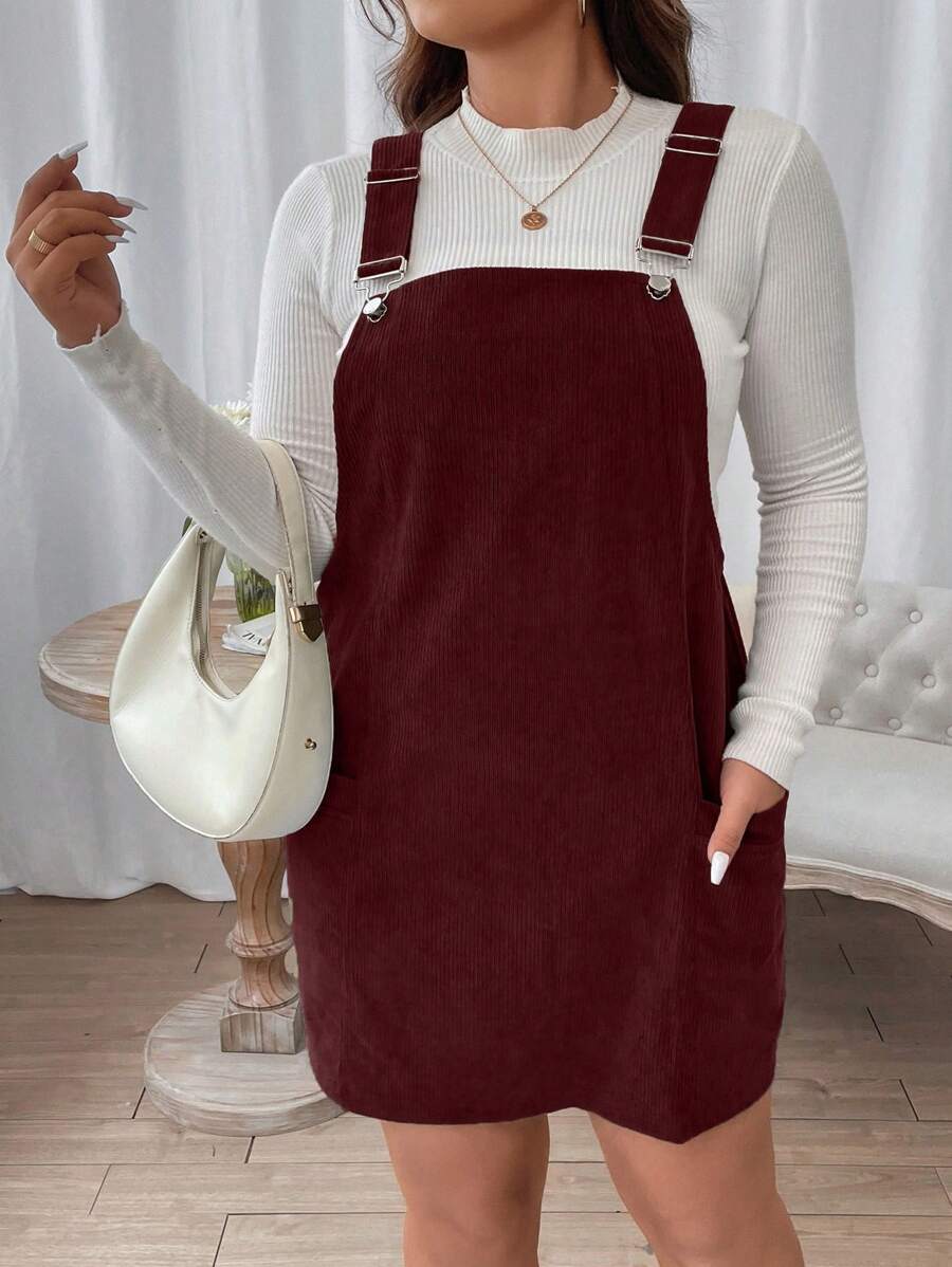 SHEIN CURVE+ Plus Solid Overall Dress Without Tee - Burgundy - View 1