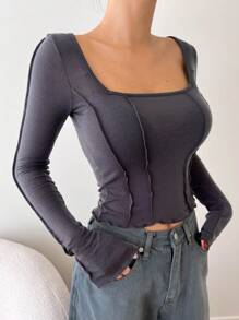 DAZY Khâu Thiết kế Cổ áo vuông Tay áo dài Áo - Xám - Xem 1