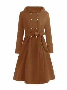 SHEIN Clasi Plus Double Breasted Belted Hooded Overcoat - Brown - View 1