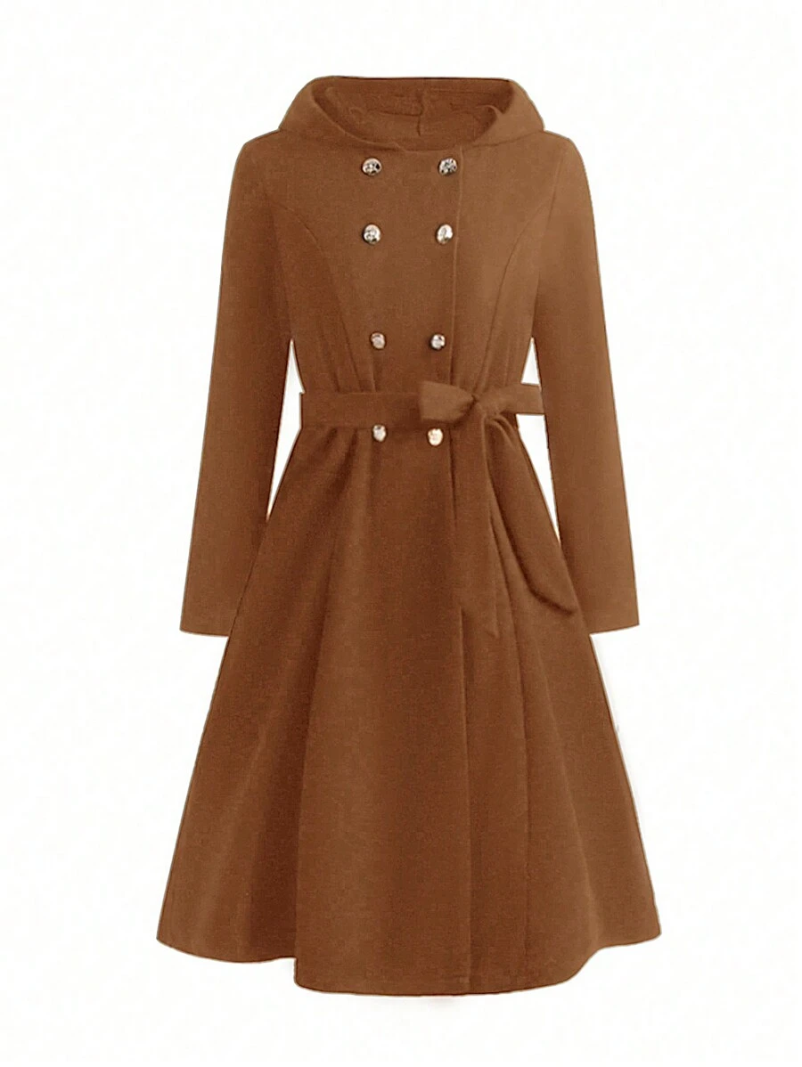 SHEIN Clasi Plus Double Breasted Belted Hooded Overcoat - Brown - View 1