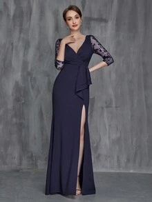 Contrast Lace Split Thigh Mother of the Bride Dress - Navy Blue - View 6