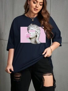 SHEIN EZwear Plus Sculpture Print Drop Shoulder Tee - Navy Blue - View 5