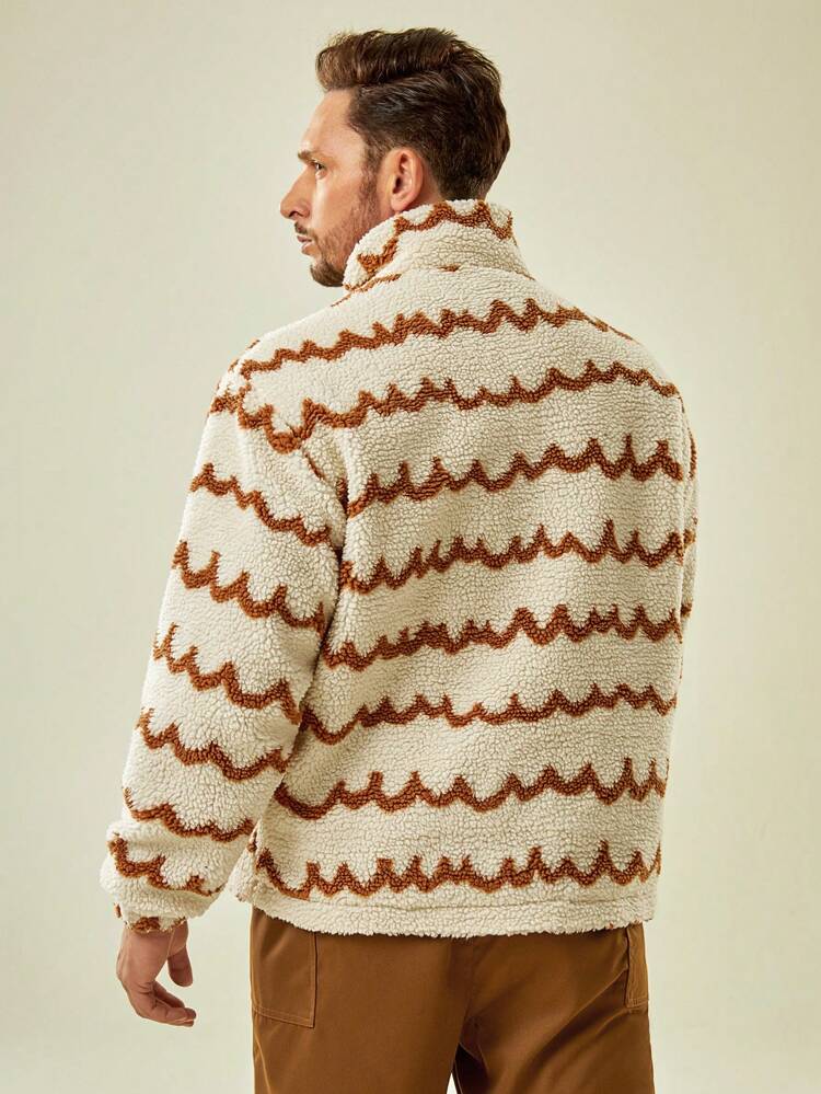 Men Wave Pattern Half Zip Outdoor Fleece Jacket