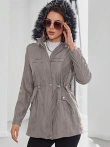 EURMUSE Drawstring Waist Fuzzy Trim Hooded Overcoat - Mocha Brown - View 3