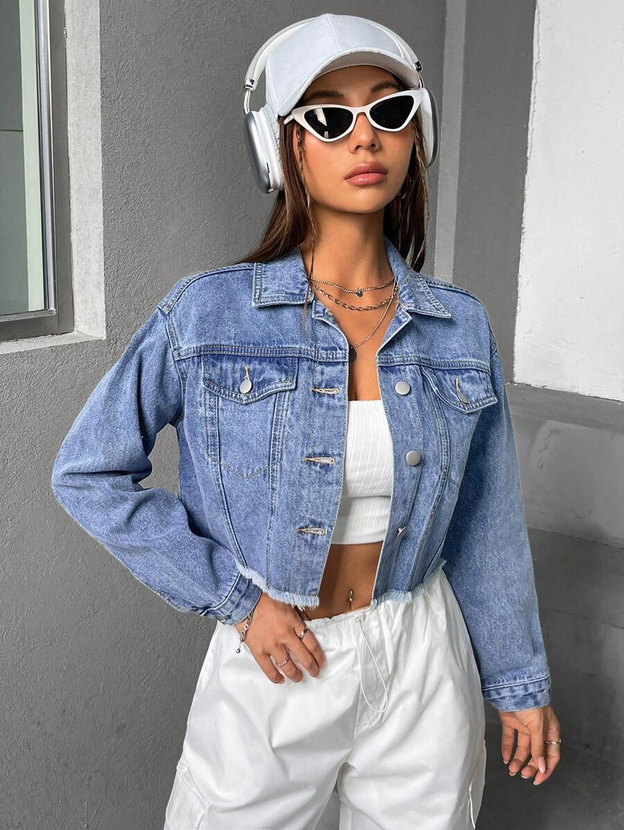 SHEIN PETITE Drop Shoulder Raw Hem Denim Jacket - Medium Wash - View 1