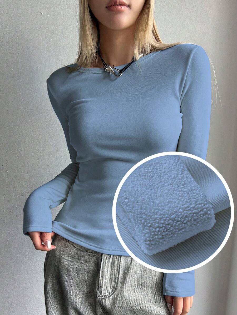 DAZY Solid Round Neck Thermal Tee Long Sleeve Women Tops,Thermal Lined - Royal Blue - View 1