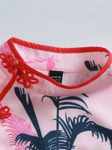 Sweetra Floral Print Contrast Piping Bodycon Chinese Dress - Pink - View 8