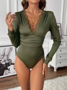 SHEIN Clasi Ren tương phản Xù Áo liền quần chặt - xanh quân đội - Xem 1