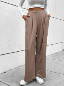 SHEIN LUNE High Waist Plicated Detail Wide Leg Pants - Khaki - View 6