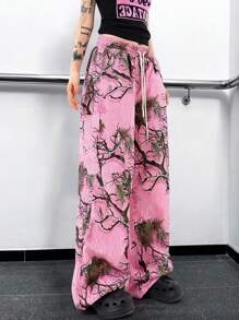 SHEIN Unity 樹圖案腰部抽繩闊腿褲 - 粉色 - 查看 3