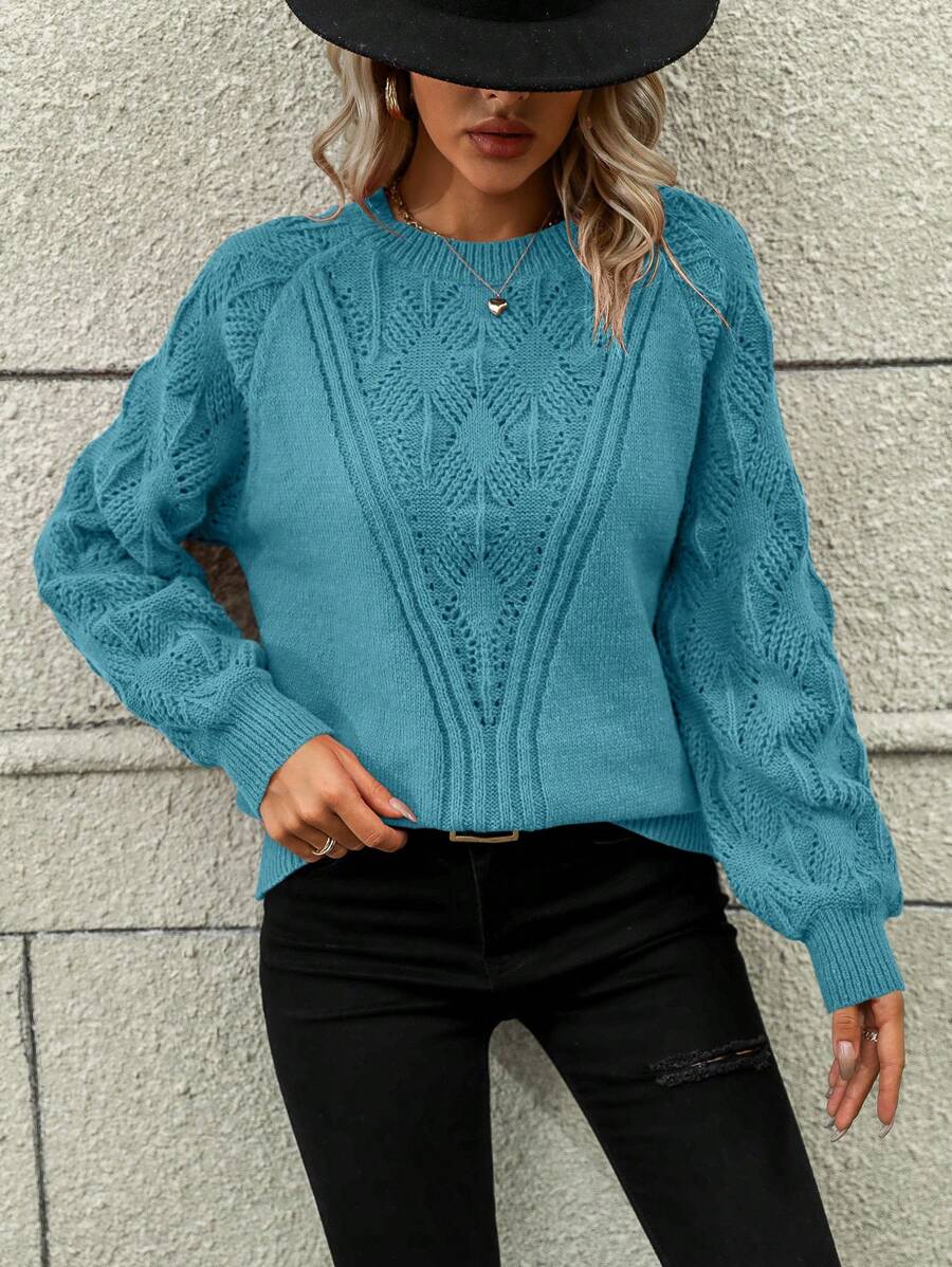 SHEIN LUNE Chất rắn Tay Raglan Dệt kim chấm bi Áo len - Màu xanh ngọc - Xem 1