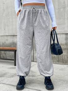 Flirla Plus Drawstring Waist Slant Pocket Sweatpants - Light Grey - View 3