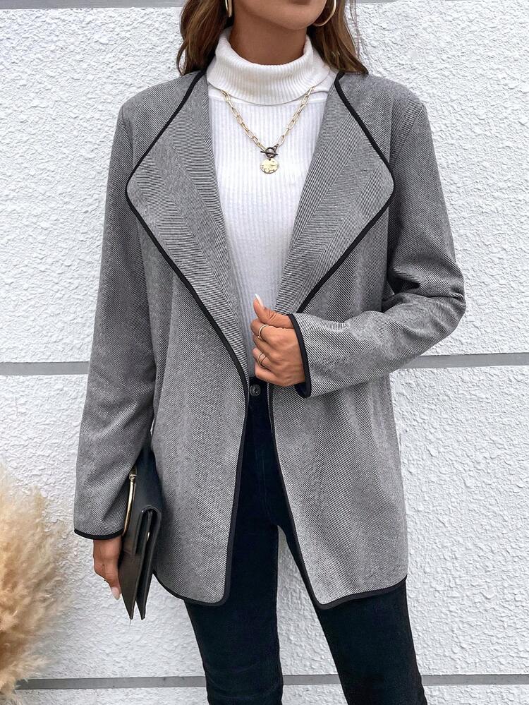 Waterfall Collar Contrast Binding Open Front Overcoat