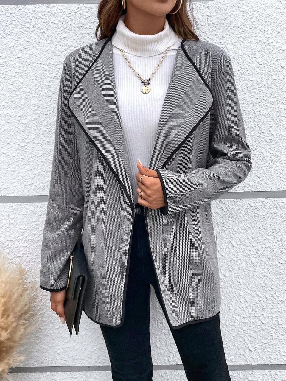 Waterfall Collar Contrast Binding Open Front Overcoat