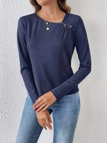SHEIN LUNE Asymmetrical Collar Detail Ruched Button T-Shirt - Navy Blue - View 3