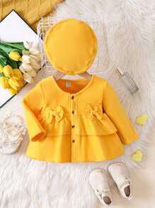 Baby Girl Bow Front Ruffle Trim Button Up Peplum Top & Hat - Mustard Yellow - View 1