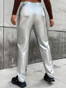 Flirla 鈕扣 口袋 拉鍊純色加大褲子 - 銀色 - 查看 2