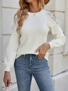 Chiquease 蕾絲拼接鏤空插肩袖套頭毛衣 - 白色 - 查看 1