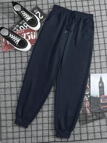 男士素色腰部抽繩衛褲 - 藏蓝色 - 查看 1