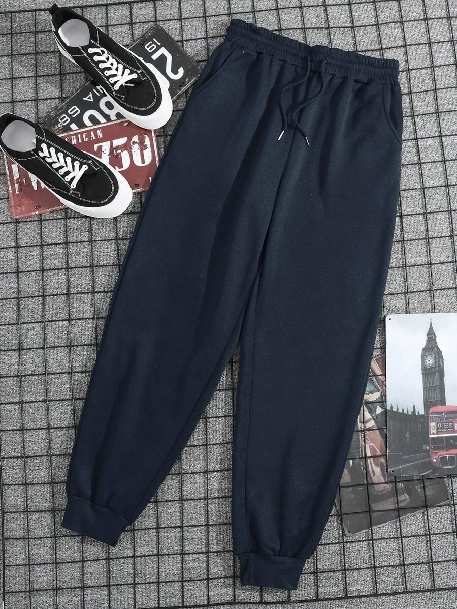 男士素色腰部抽繩衛褲 - 藏蓝色 - 查看 1