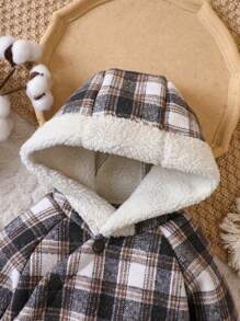 SHEIN 男婴格子印花保暖内衬连帽棉服外套 - 灰色 - 查看 3