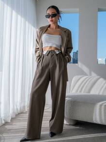 Dazy Designer Quần ống rộng túi xéo tương phản trang phục công sở - màu nâu - Xem 6