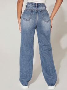 SHEIN PETITE High Waist Ripped Straight Leg Jeans - Blue - View 2