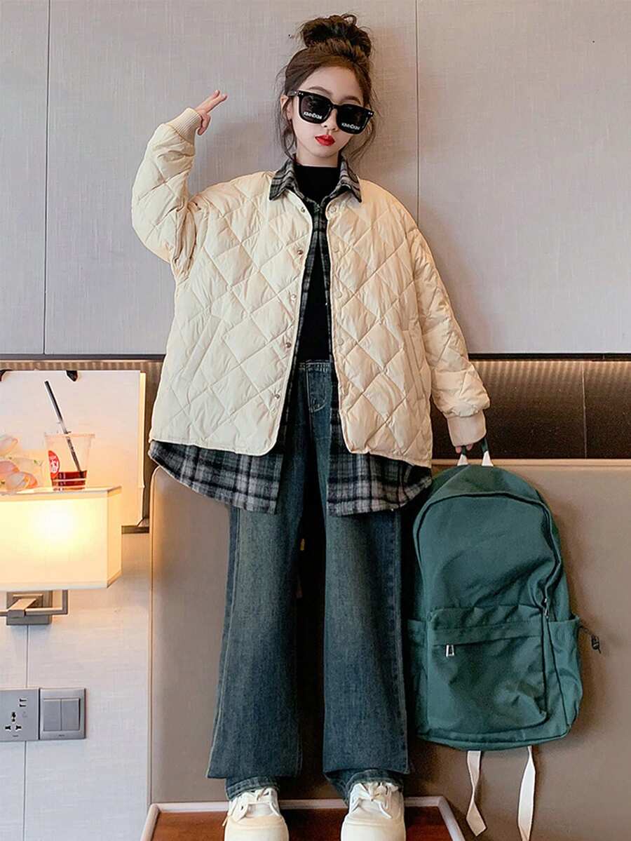 SHEIN 女童格子绗缝夹克，二合一设计 - 白色 - 查看 1