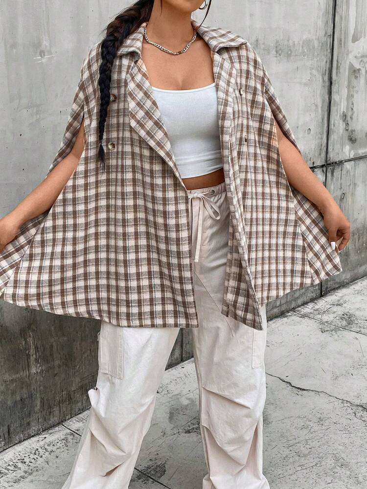 Plus Plaid Print Cloak Sleeve Overcoat