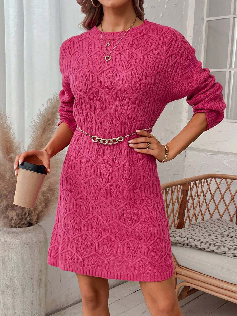 SHEIN LUNE Xoắn Dan Thả vai Đầm Áo len Không có thắt lưng - Màu Hồng Tươi - Xem 1