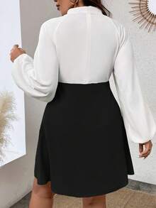 SHEIN Clasi Plus Contrast Lace Mock Neck Lantern Sleeve Dress - Black - View 2